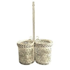 VTG Metal Double Utensil Holder Woven Distressed White Rustic‎ Farmhouse Cottage